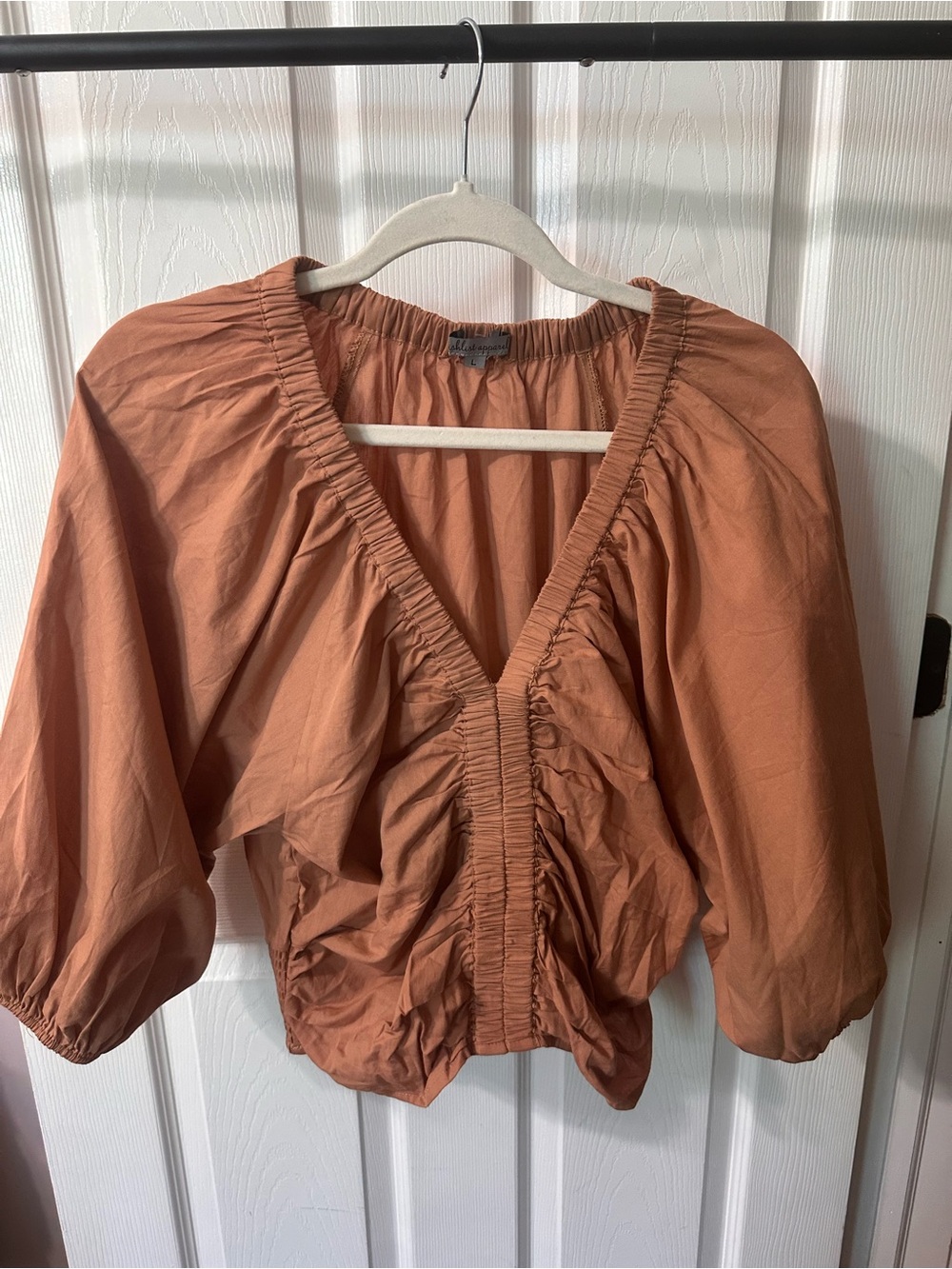 Smocked V-Neck Blouse in Rust Orange
